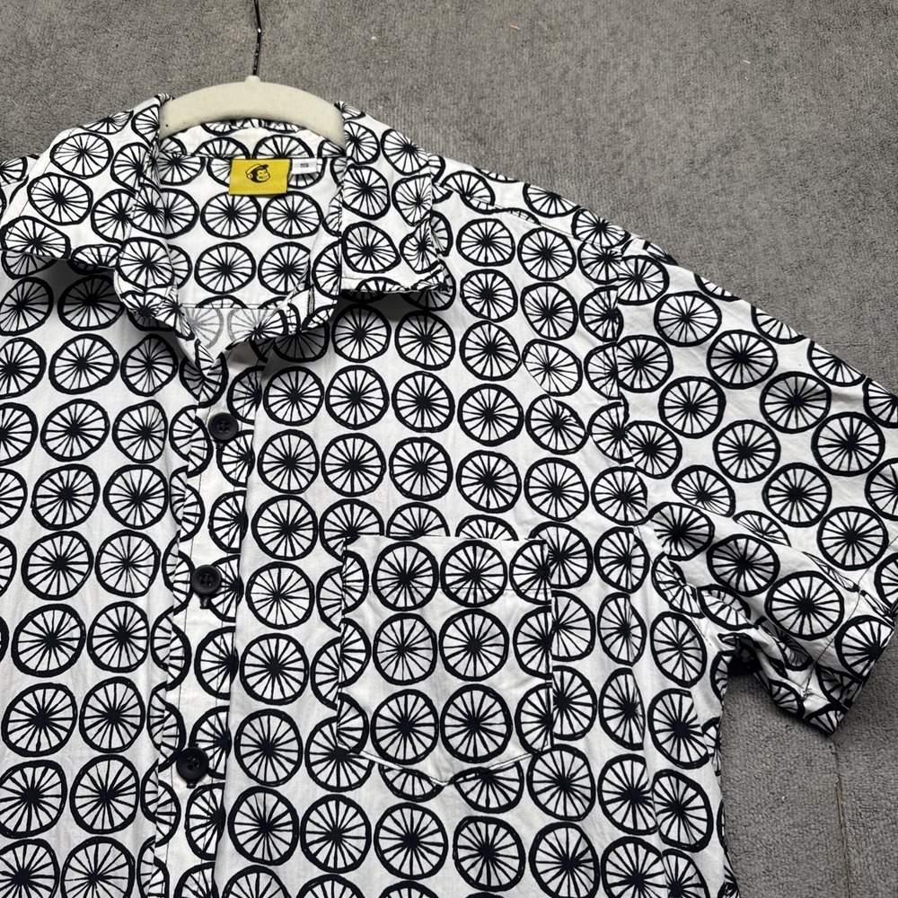 Mokuyobi Men's Wagon Wheel Print Button Up Shirt Black White Short Sleeve‎ Small
